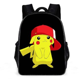 Sac à dos Pikachu noir avec l'image de Pikachu et un fond blanc