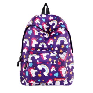 Sac à dos licorne et arc-en-ciel violet avec un fond blanc