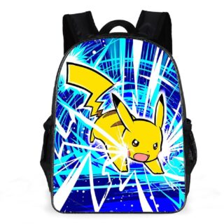 Sac à dos Pikachu bleu avec l'image de Pikachu et un fond blanc