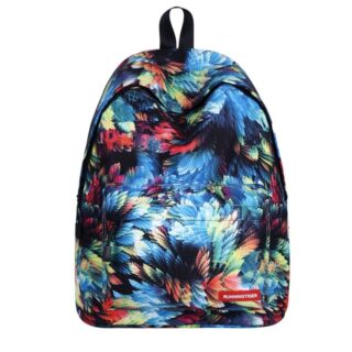 Sac à dos motif tropicaux noir avec des détails multicolore avec un fond blanc