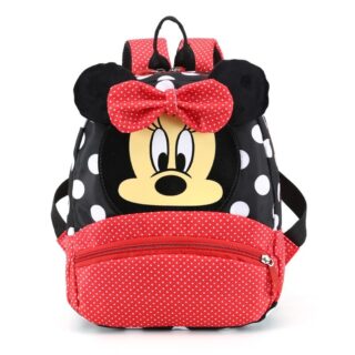 Sac à dos enfant à pois Minnie noir et rouge avec un fond blanc