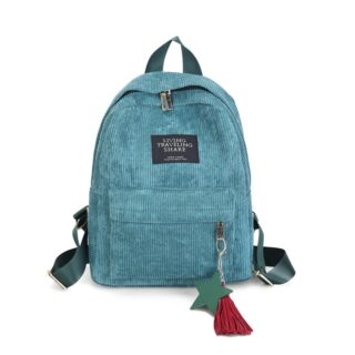 Elegant women's backpack in blue corduroy with white background