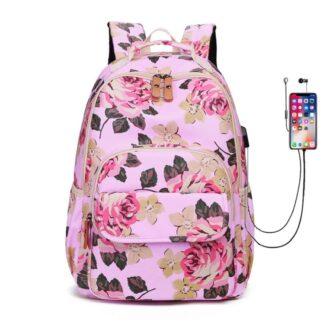 Sac à dos cartable fleuri rose avec un fond blanc et une image d'un portable qui charge