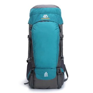 Blue hiking backpack with white background