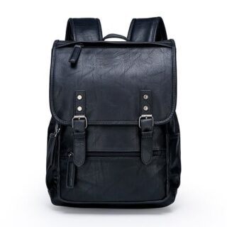 Sac à dos cartable en imitation cuir noir avec un fond blanc