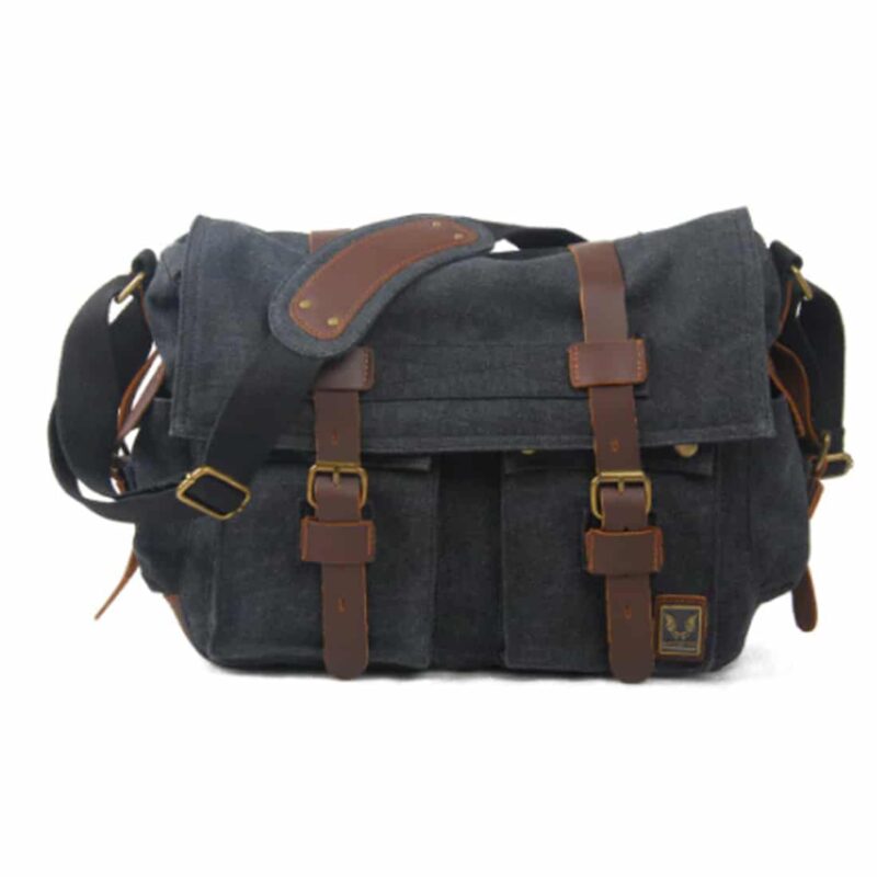 Canvas And Leather Satchel For Men - Dark Blue - Messenger Bag