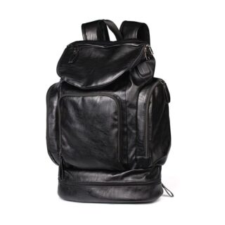 Black multi-pocket leatherette backpack with white background