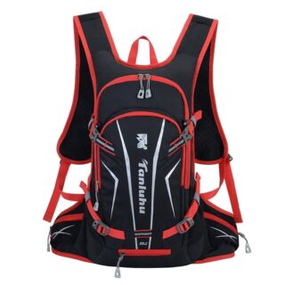 Black and red reflective backpack with white background