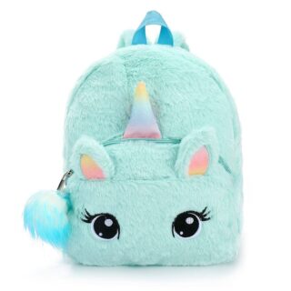 Sac à dos enfant tout doux licorne bleu avec un fond blanc