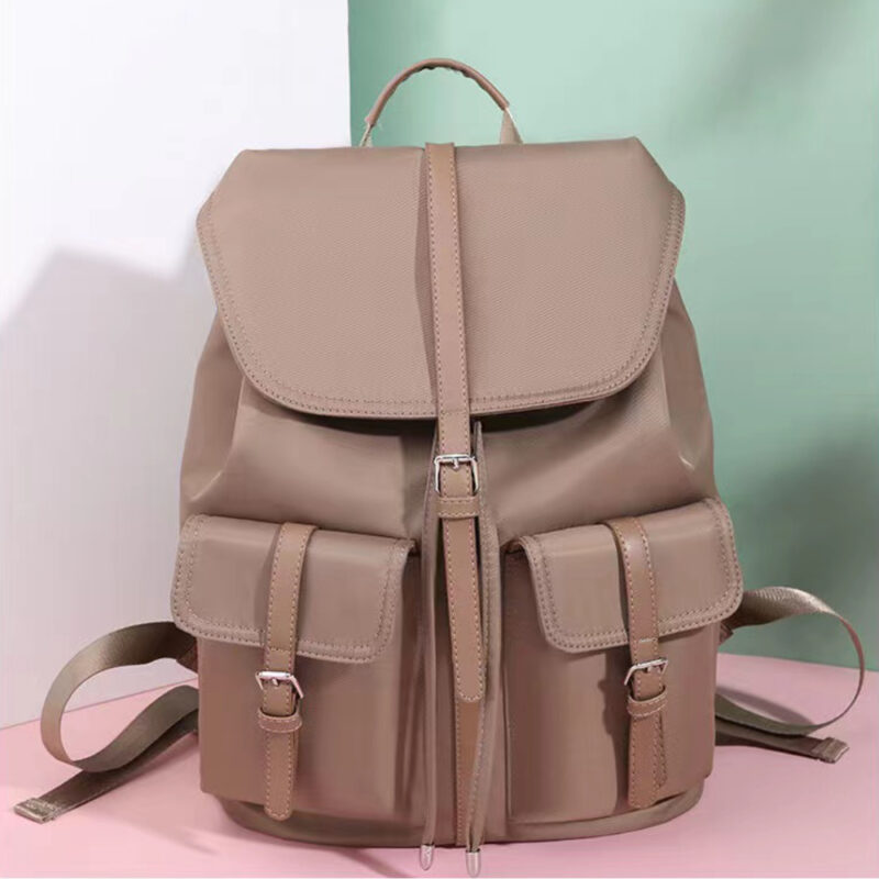 Brown Vintage Style Women'S Backpack With Green, Pink And White Background
