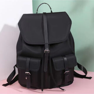 Women's vintage style backpack in black with white, green and pink background