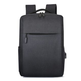 Fabric computer backpack with USB charging in black with white background