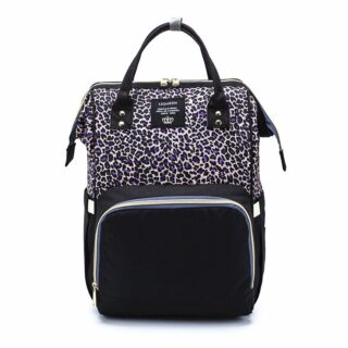 Baby changing bag with black leopard print and white background