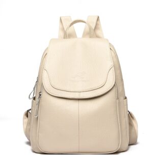 Woman's backpack in beige imitation sheepskin with a white background