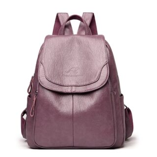 Women's purple shearling leatherette backpack with white background
