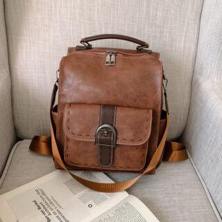 Small vintage leatherette backpack - Camel - Leather handbag