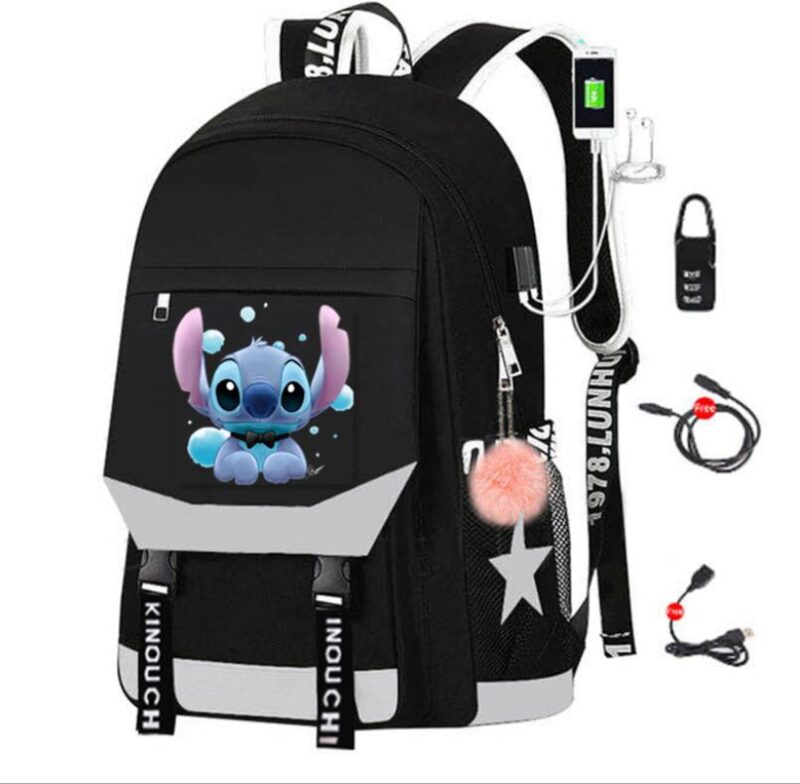 Sac À Dos Stitch Avec Chargeur Usb - Gris - T-Shirt Sac À Dos Scolaire