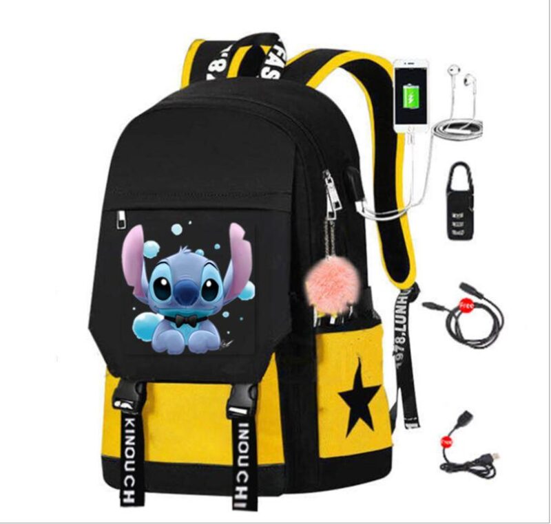 Sac À Dos Stitch Avec Chargeur Usb - Jaune - Sac À Dos Scolaire Sac À Dos Pour Garçons