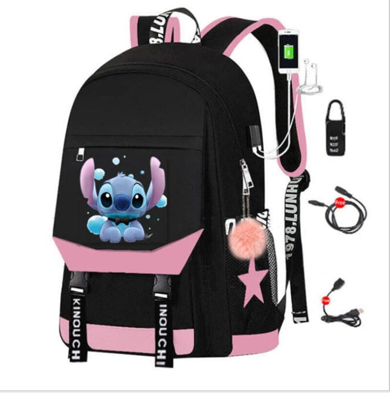 Sac À Dos Stitch Avec Chargeur Usb - Rose - T-Shirt Sac À Dos Scolaire