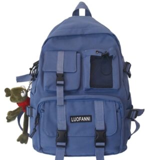 Trendy blue travel backpack with white background