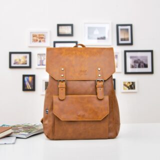 Vintage synthetic leather satchel - Camel - Leather Backpack