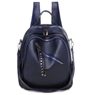 Women's Solid Leather Backpack - Blue - Handbag Backpack