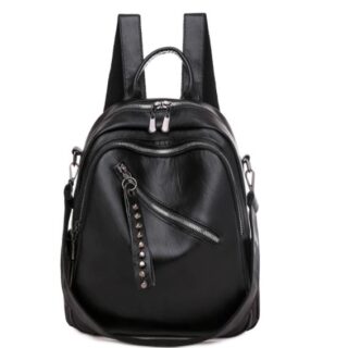 Women's solid colour leather backpack - Black - Leather Handbag