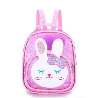 Sac à dos imitation cuir fille réfléchissant motif lapin rose avec un fond blanc