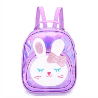 Sac à dos imitation cuir fille réfléchissant motif lapin violet avec un fond blanc