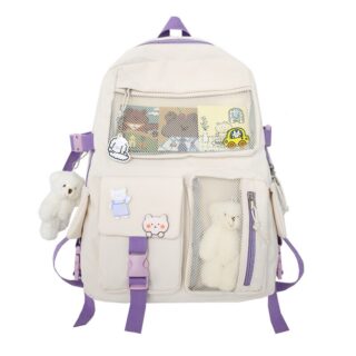 Backpack with small plush bear for girls purple