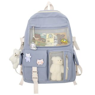 Backpack with small plush bear for girls grey