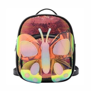 Sac à dos papillon à paillettes multicolore avec un fond blanc