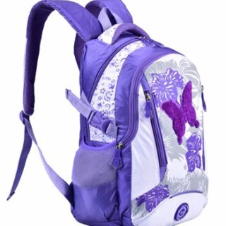 Sac à dos fille coloré motif papillon violet avec un fond blanc