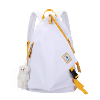 Customised women's backpack in white cotton with a white background