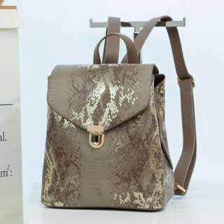 Leather backpack for women with gold python pattern