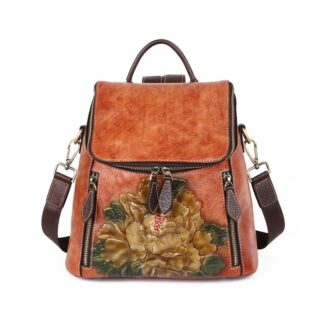 Leather backpack woman with floral pattern