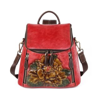 Leather backpack woman with floral pattern