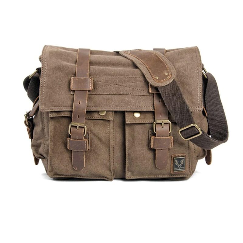 Canvas And Leather Satchel For Men - Brown - Messenger Bag Shoulder Bag