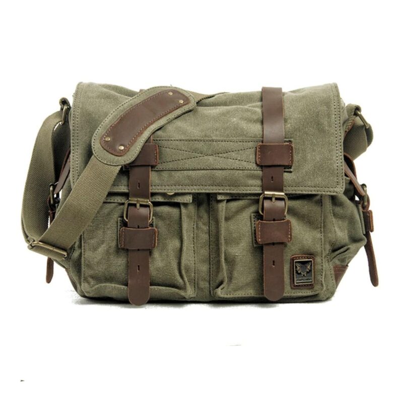 Canvas And Leather Briefcase For Men - Green - Dslr Camera Bag