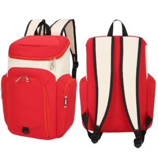 Sac à dos sport multi-poche pour ballon rouge et beige avec un fond blanc