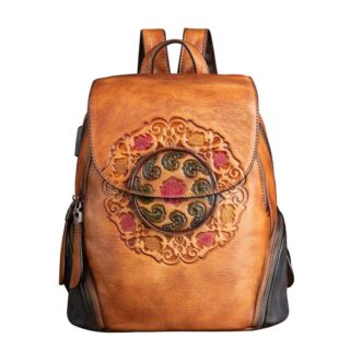 Retro leather backpack with floral pattern