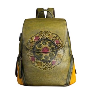 Retro leather backpack with floral pattern