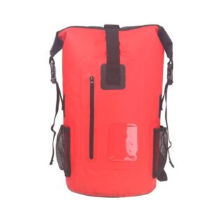 Waterproof Rolltop motorbike bag in red with white background