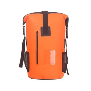 Rolltop waterproof orange motorbike bag with white background