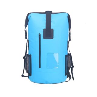 Rolltop waterproof motorbike bag blue with white background