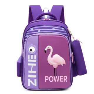 School backpack with pink flamingo pattern in 3D