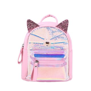 Sac à dos chat à paillettes pour l'école rose avec un fond blanc