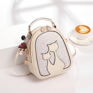 Leather glitter backpack with cat print - Beige - Handbag Bag