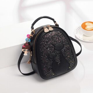 Cat Leather Glitter Backpack - Black - Handbag Bag