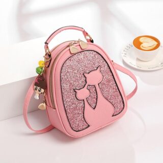 Cat Leather Glitter Backpack - Pink - Handbag Backpack